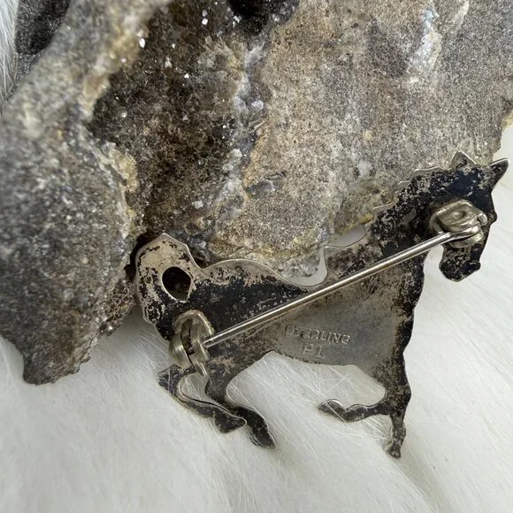 Vintage Sterling Silver Trotting Horse Brooch PL 1.5" X 1.5" - Picture 5 of 7
